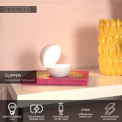 Lucide CLIPPER - Oplaadbare Tafellamp - Accu/Batterij - Ø 12 cm - LED - 1x2,2W 2700K - Wit